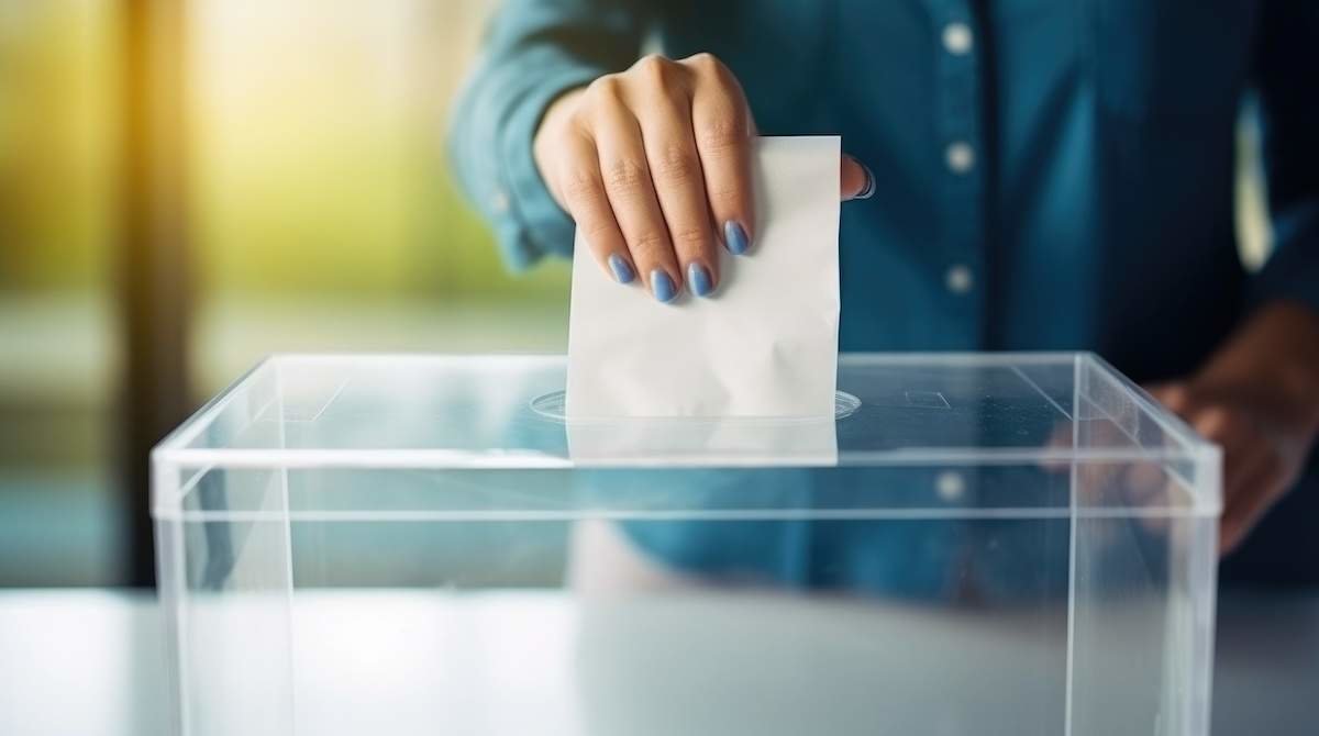 A voter's hand places a ballot into a transparent glass ballot box for an election.